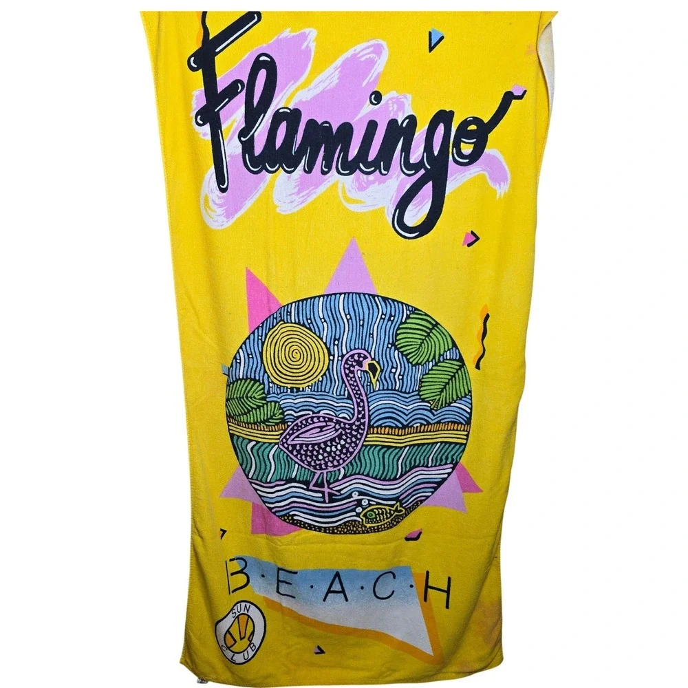 Vintage 1980s Beach Towel 100% Cotton Flamingo Beach Sun Club Saydah Yellow